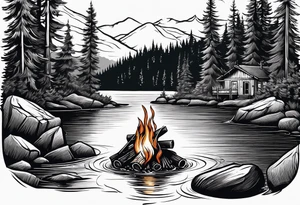 Small campfire on the coast of a mountain stream, in the back is some evergreen tall trees tattoo idea