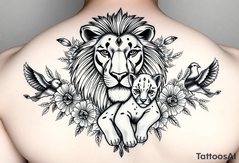 powerful majestic lion and cub, surrounded by floral ornaments and birds tattoo idea