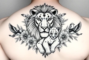 powerful majestic lion and cub, surrounded by floral ornaments and birds tattoo idea