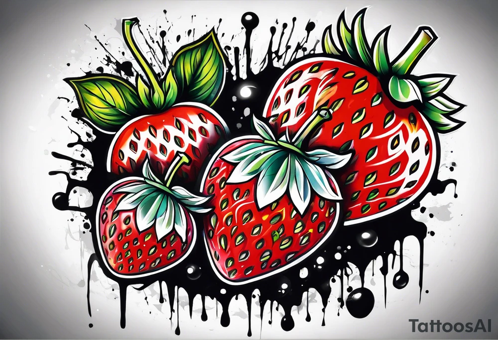 One Strawberry in a graffiti very surreal style tattoo idea