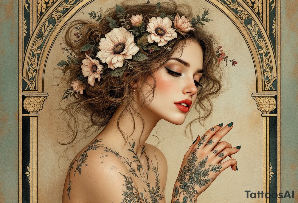 Alfons Mucha’s dreamy portrait of a woman with flowers in her hair, posed against an ornate arch in aged brass and soft sage. tattoo idea