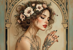 Alfons Mucha’s dreamy portrait of a woman with flowers in her hair, posed against an ornate arch in aged brass and soft sage. tattoo idea