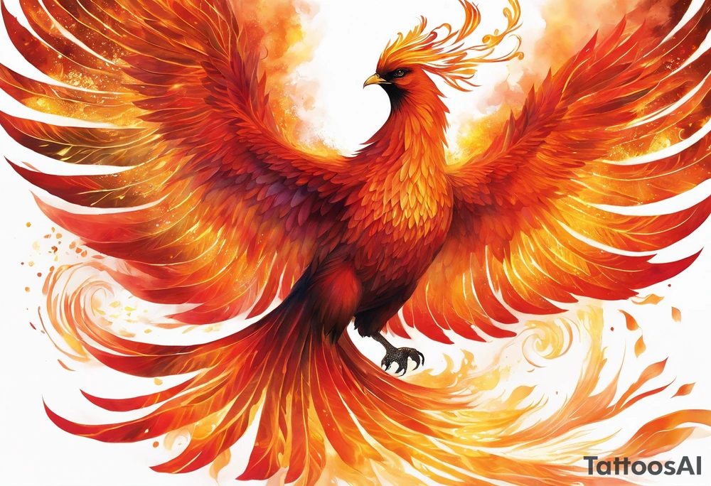 A magnificent phoenix ascends from a bed of glowing embers, its wings spread wide with fiery feathers that shift in hues of red, orange, and gold. The bird's body is sleek and shimmering, radiating an ethereal glow. Trails of sparkling ash and smoke swirl around it, blending into the dark sky, illuminated by the intense flames. Its eyes burn with an intense golden light, and its claws are sharp and glinting, gripping the remains of charred branches. The background is a dramatic interplay of dark clouds, glowing sparks, and a vibrant sunrise on the horizon, symbolizing rebirth and renewal. tattoo idea