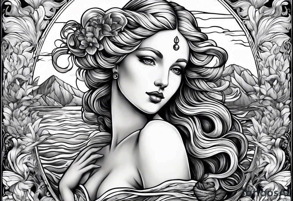 Goddess Venus full body standing in ocean tattoo idea