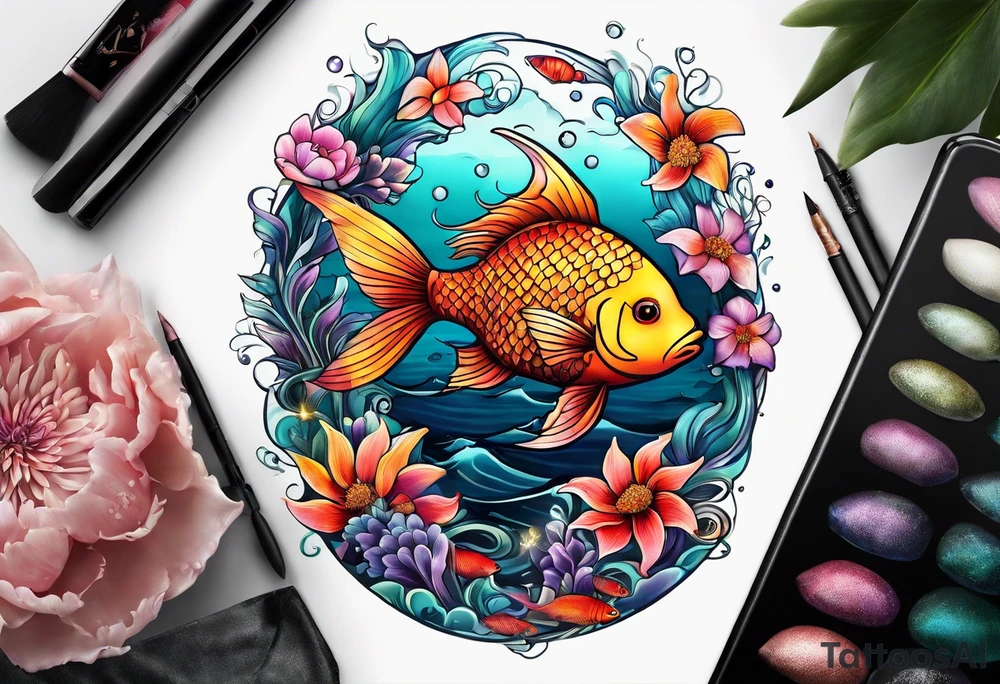 sea,, night, flower, fish tattoo idea
