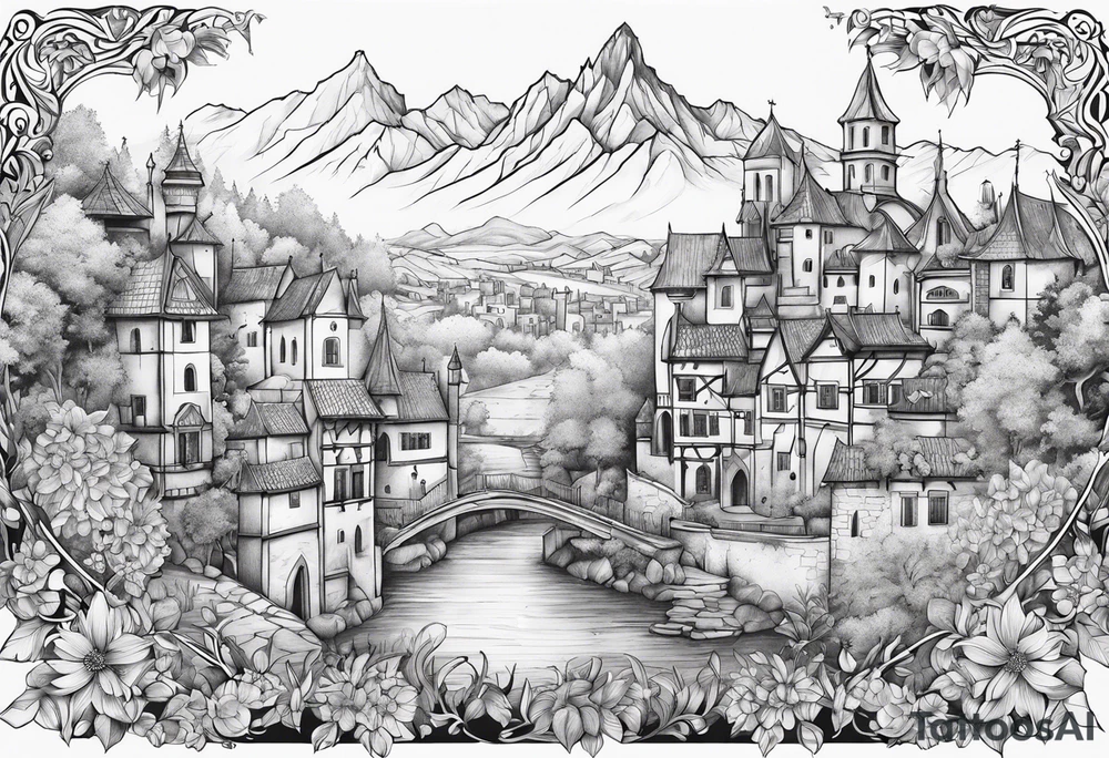 medieval tribal city 
floral  land  vignette tattoo idea