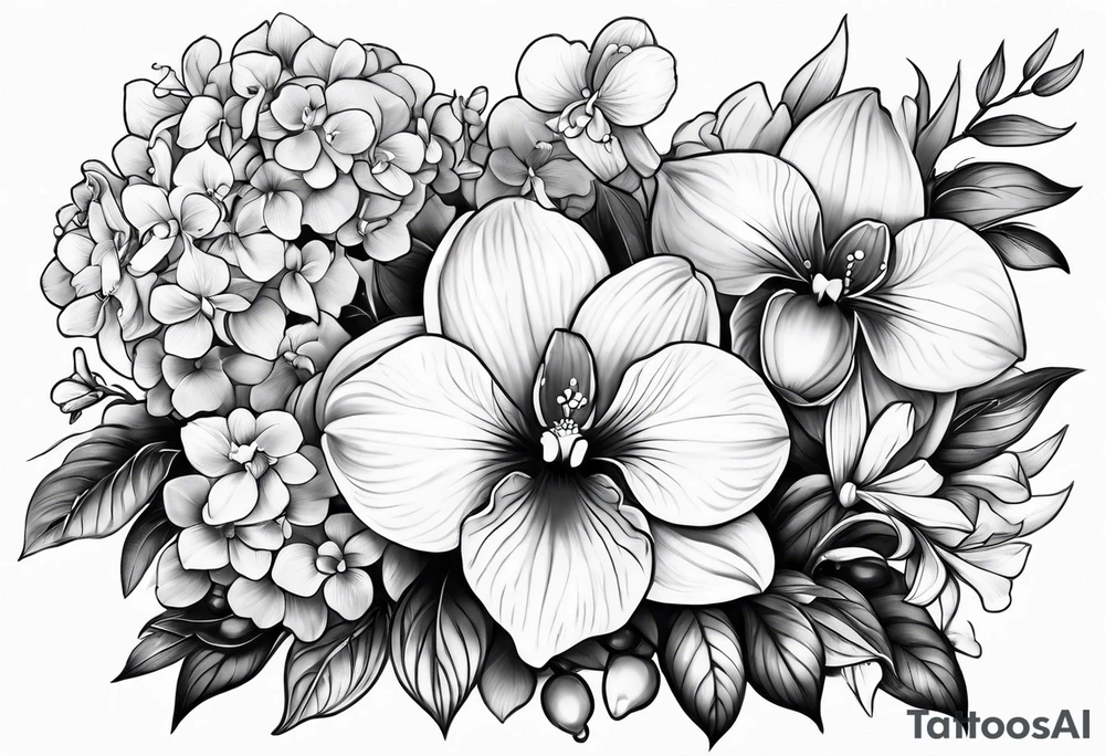 2 inch Flower bouquet with hydrangeas and orchids tattoo idea