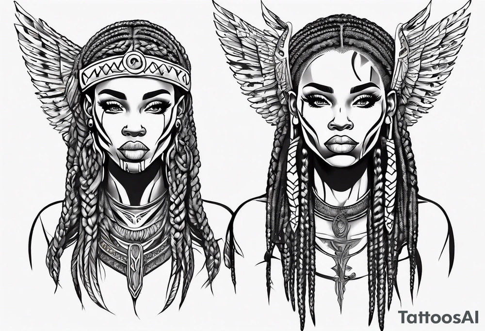 African female Viking  angel full body 
slim long face small mouth long braided hair tattoo idea