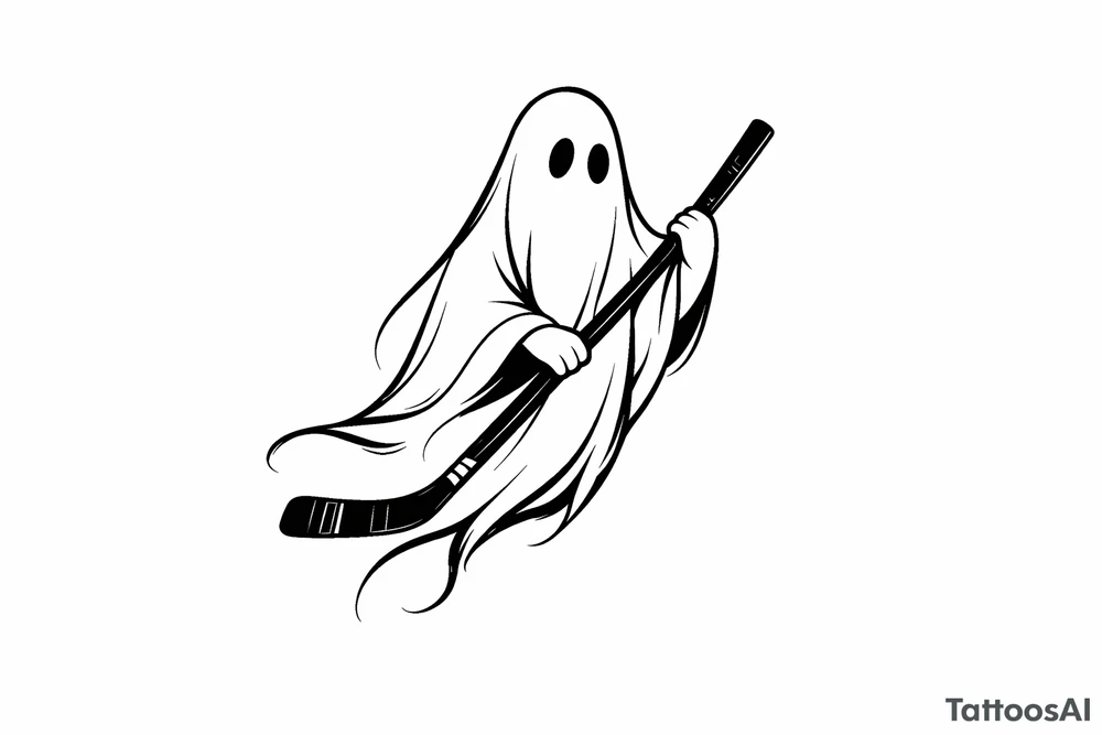Minimalist silhouette of a ghost holding a hockey stick, black ink. tattoo idea