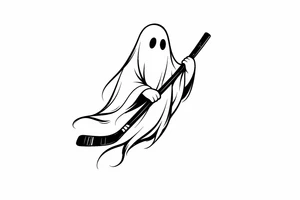 Minimalist silhouette of a ghost holding a hockey stick, black ink. tattoo idea