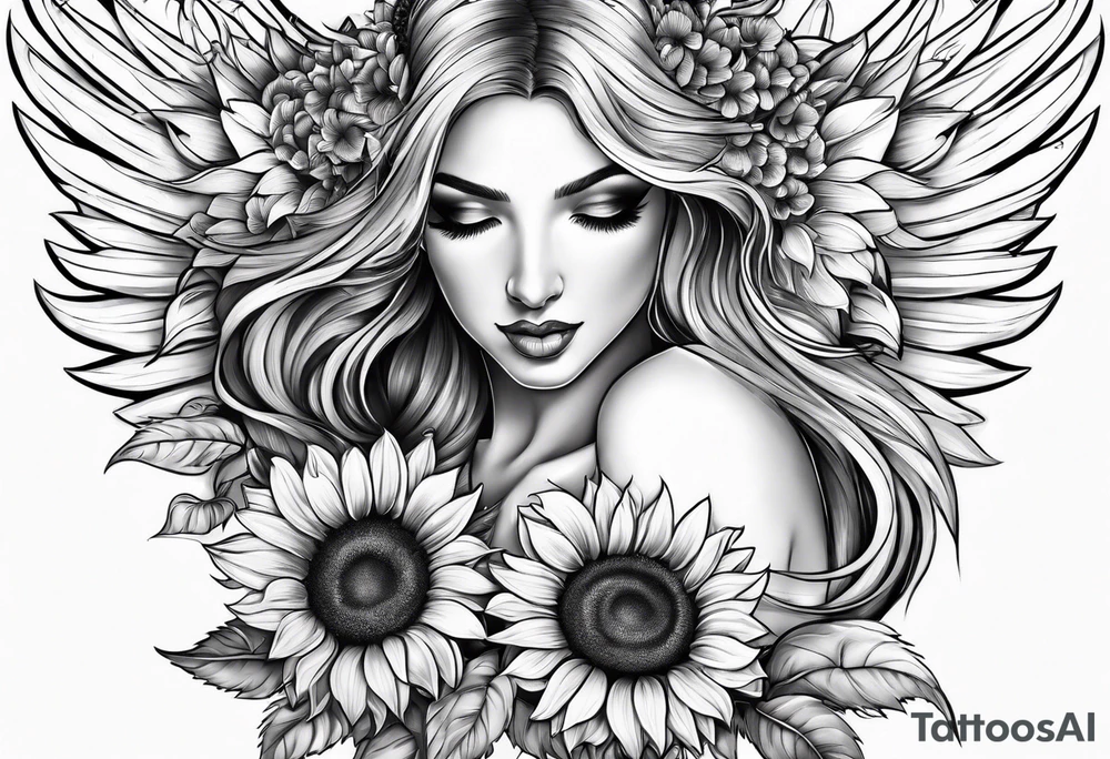 Sunflowers and angel wings leg sleeve tattoo idea