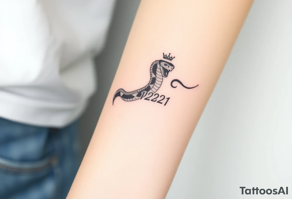 I want a small simple silhouette lines black and white wrist princess like royal snake tattoo that has number 12821 on its body along and also I want it to represent feminine energy crown queen Cycle tattoo idea