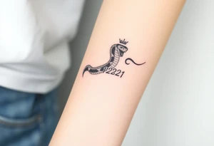 I want a small simple silhouette lines black and white wrist princess like royal snake tattoo that has number 12821 on its body along and also I want it to represent feminine energy crown queen Cycle tattoo idea