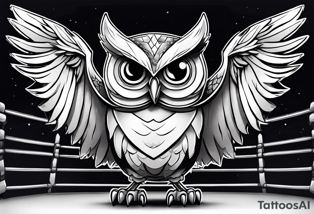 cartoon owl dressed up in a ghost halloween costume in a wrestling ring tattoo idea