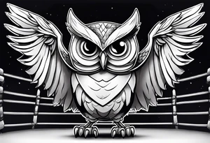 cartoon owl dressed up in a ghost halloween costume in a wrestling ring tattoo idea