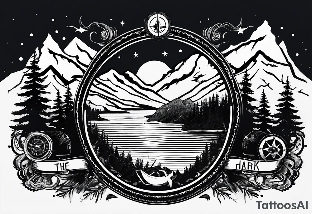 The word "HARK" as a banner with a mountain, a carabiner, compass, and a lake and pontoon in a circular design tattoo idea
