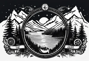 The word "HARK" as a banner with a mountain, a carabiner, compass, and a lake and pontoon in a circular design tattoo idea