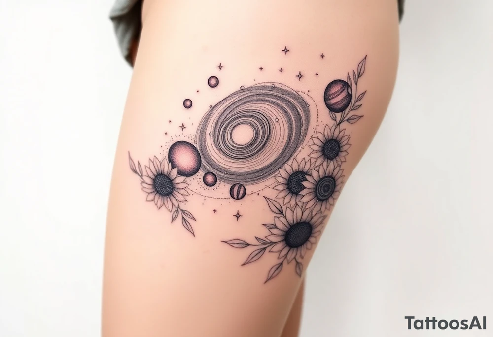 Milky way galaxy with planets with zodiac symbols and protection runes in it with tigerlillies roses and sunflowers tattoo idea