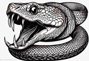 Copperhead with just the head turned up and mouth open, and forked tongue, black and white with copper colored eye tattoo idea