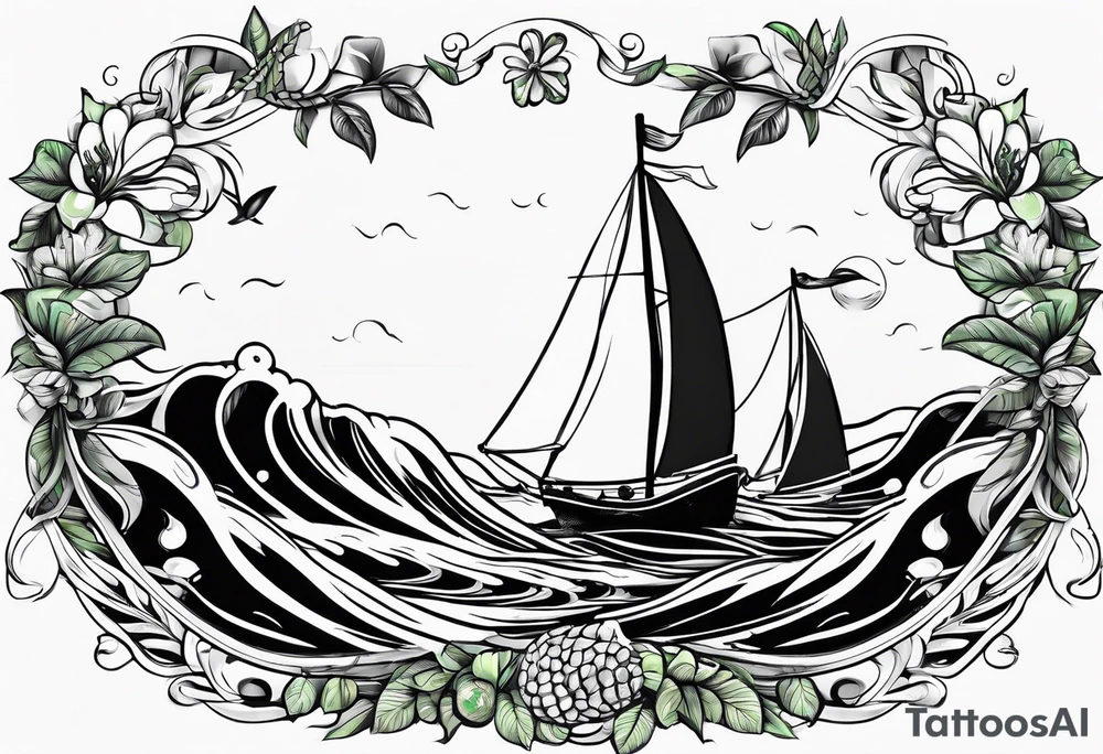 A lemon-Buoy with a green leaf-flag on waves tattoo idea