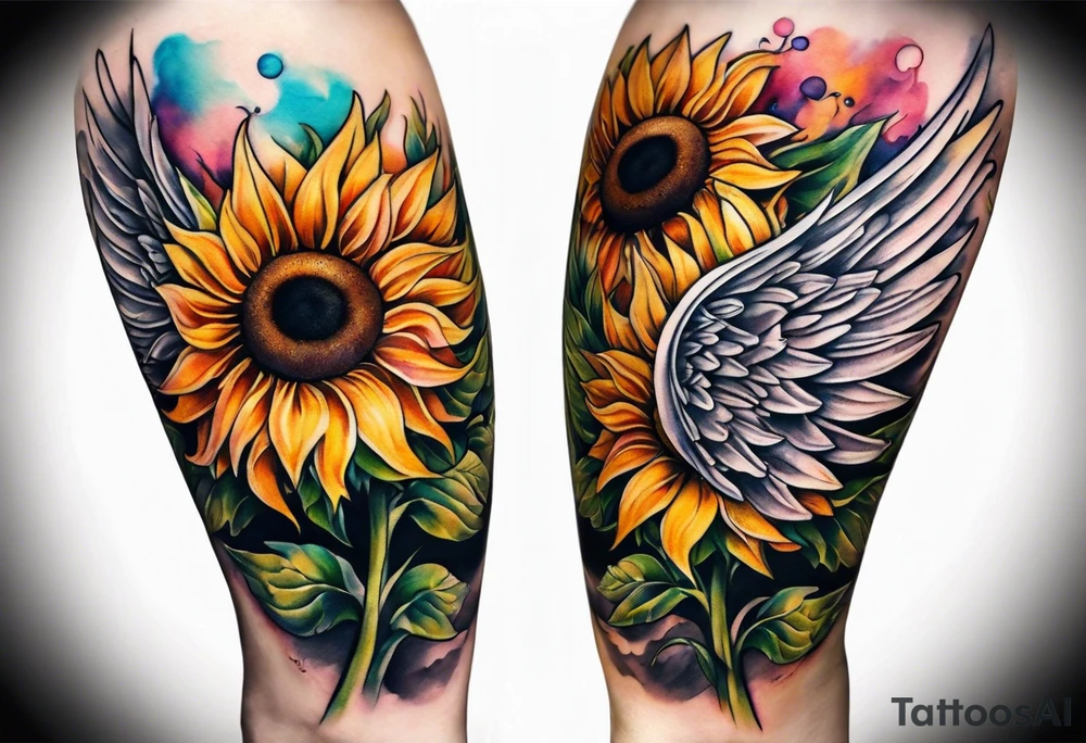 Sunflowers and angel wings leg sleeve tattoo idea