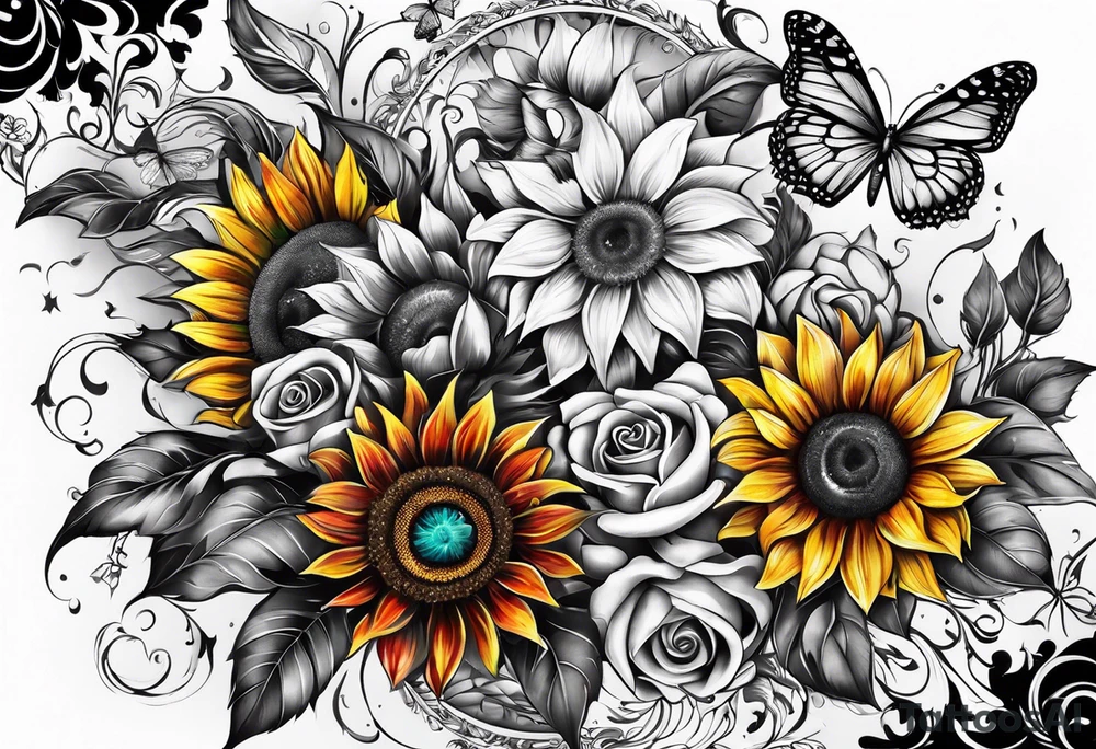 arm sleeve with winged cross, rainbow sunflowers and butterflies tattoo idea