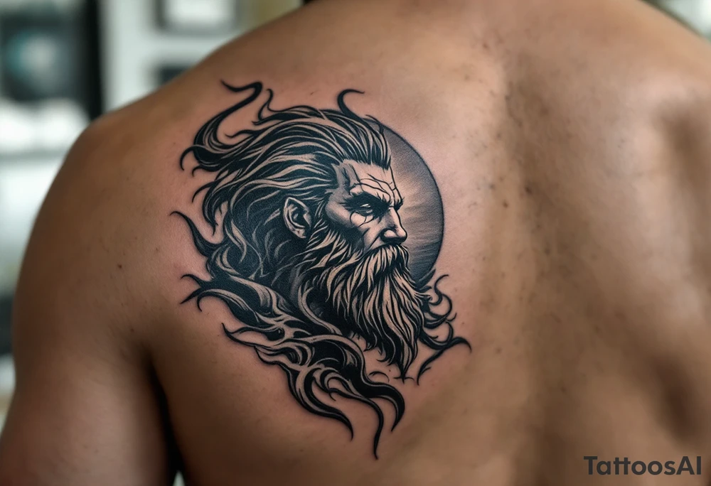 fit poseidon, with trident, looking at the horizon tattoo idea
