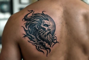 fit poseidon, with trident, looking at the horizon tattoo idea