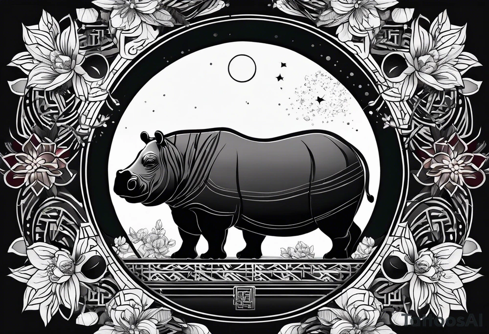 Very asymmetrical, +geometric pattern, with realistic full moon, with seeious looking hippo, +zen feel, + Buddhism touch, +tribal, +geometric, +chinese inkart 
with wintersweet flower bud, +portrait orientation, +inkart touch, tattoo idea