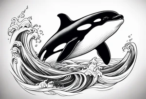transient orca, Japanese realism, flowing, waves and kelp highlights tattoo idea
