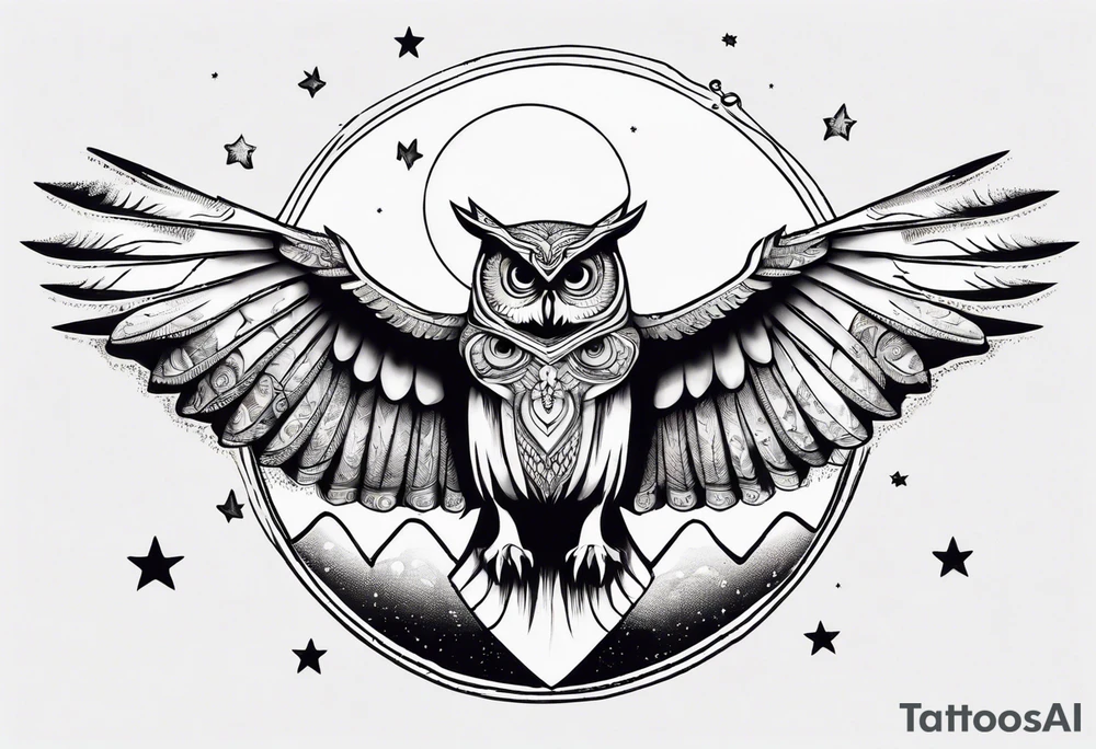 Wise and Regal Owl flying towards the Moon. tattoo idea