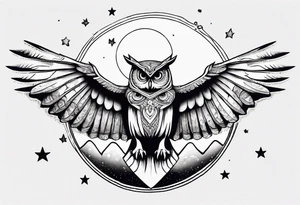 Wise and Regal Owl flying towards the Moon. tattoo idea