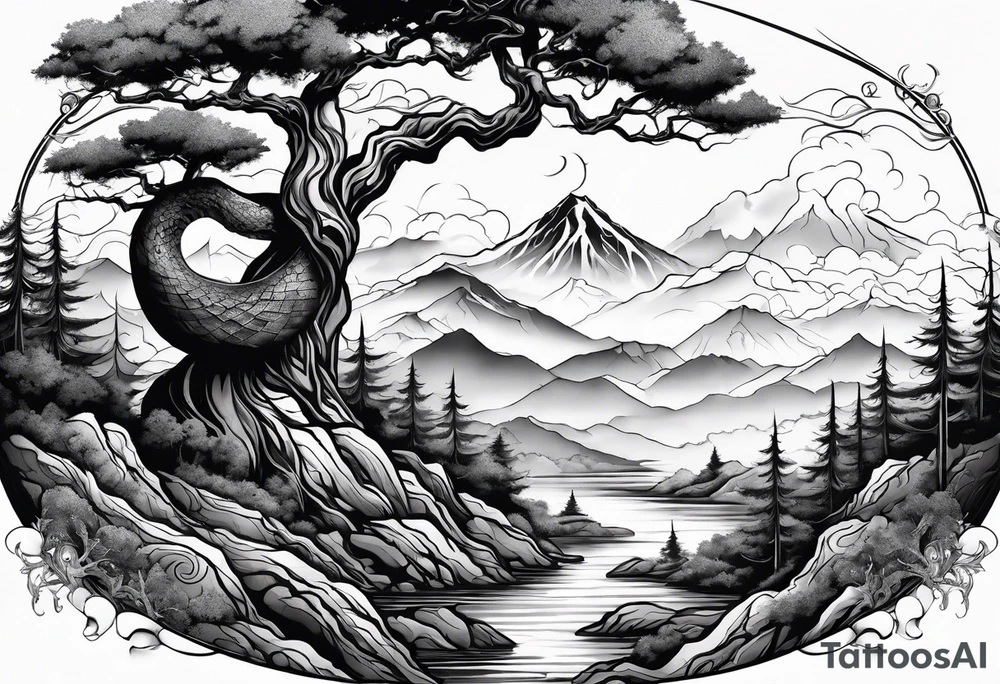 Full arm sleeve, tree going up to shoulder dead tree going down to wrist, wrapped in a serpent moving down with mountain, water, and demon tattoo idea