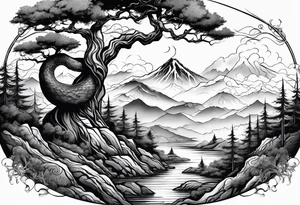 Full arm sleeve, tree going up to shoulder dead tree going down to wrist, wrapped in a serpent moving down with mountain, water, and demon tattoo idea