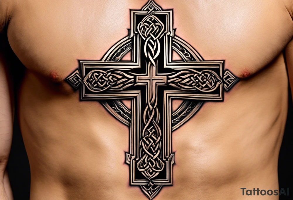 The tattoo features a Christian cross with a sharp lower end firmly planted into the ground. From the base of the cross, intricate roots extend outwards, symbolizing strength, growth, and deep roots in faith. The cross itself is adorned with intricate details, perhaps featuring Celtic or ornate patterns to add depth and texture.

On either side of the cross, two colossal dragon wings spread outwards, enveloping the cross in a protective embrace. The wings are dynamic and detailed, with scales, veins, and fine feather-like structures to convey the power and majesty of the mythical creature.

At the intersection of the cross, where the vertical and horizontal beams meet, there is a mesmerizing eyeball intricately depicted. The eye is detailed with vibrant colors and realistic shading, representing spiritual insight, watchfulness, and divine presence. tattoo idea