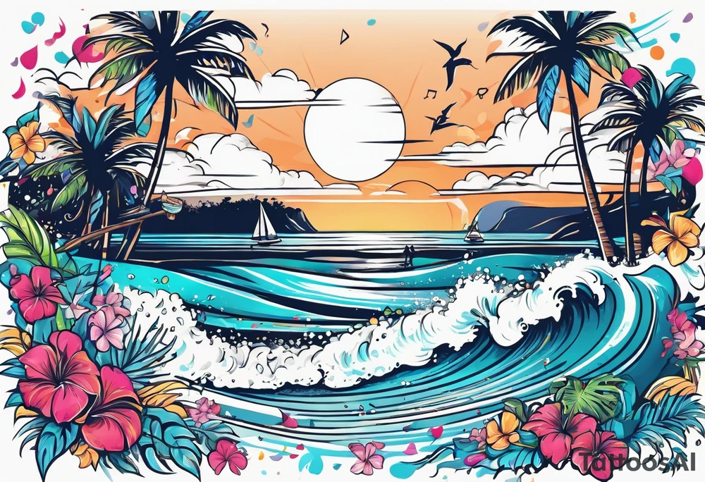SURFING SAFARI BEACH PARTY WITH CONFETTI AND MUSIC NOTES, TROPICAL DRINKS, BIKINIS tattoo idea