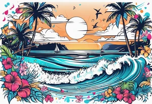 SURFING SAFARI BEACH PARTY WITH CONFETTI AND MUSIC NOTES, TROPICAL DRINKS, BIKINIS tattoo idea
