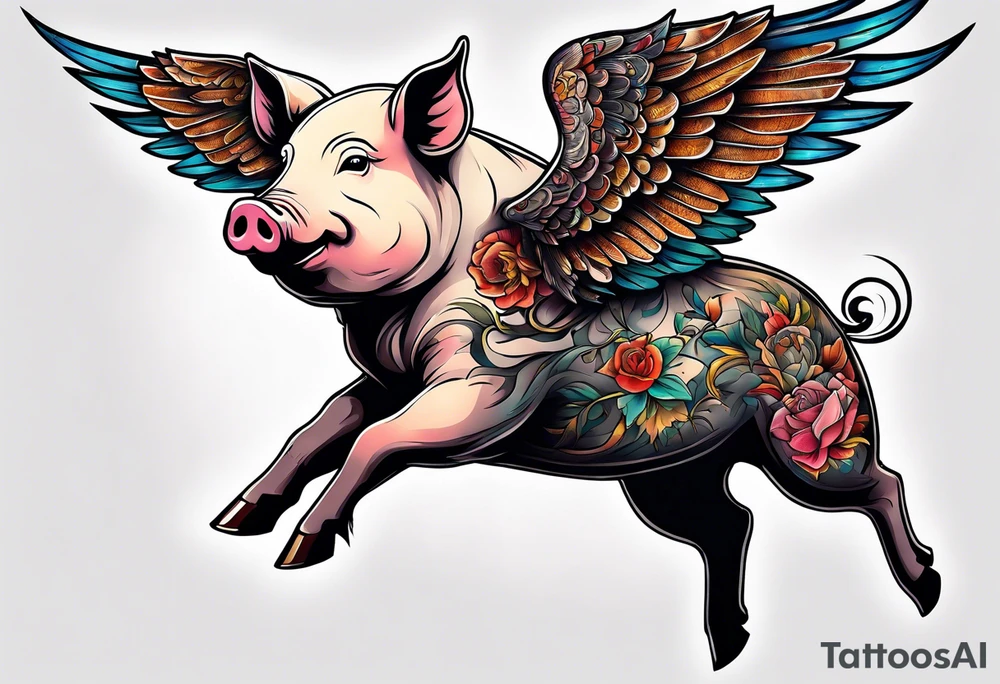 pig flying away from giant eagle tattoo idea
