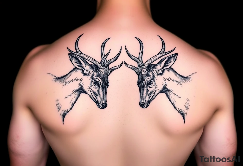 Entire Full body Two deer with their heads down hitting horns to show dominance. tattoo idea