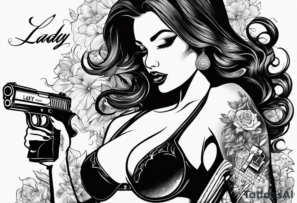 sexy lady holding a gun in mini shorts and bra blowing the gun while it’s smoking, the words “lady killer” beside it, a y2k inspired tattoo tattoo idea
