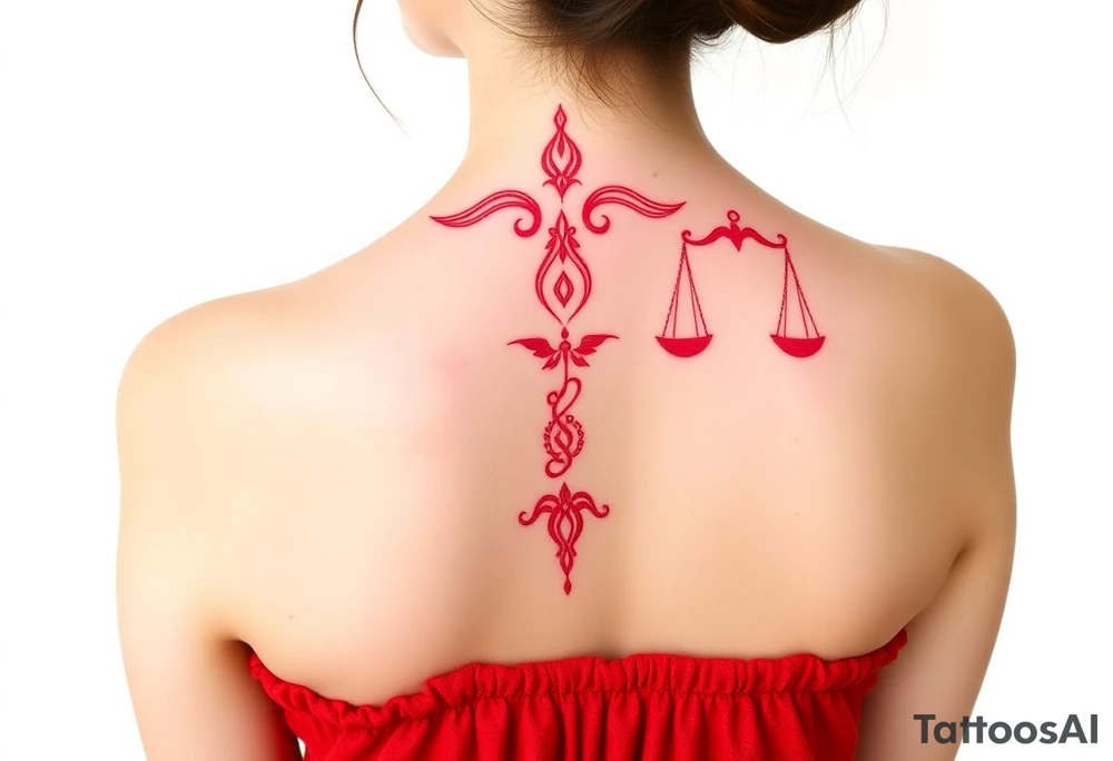 Tattoo that combines the star sign Taurus and Libra ,in red , down the spine tattoo idea