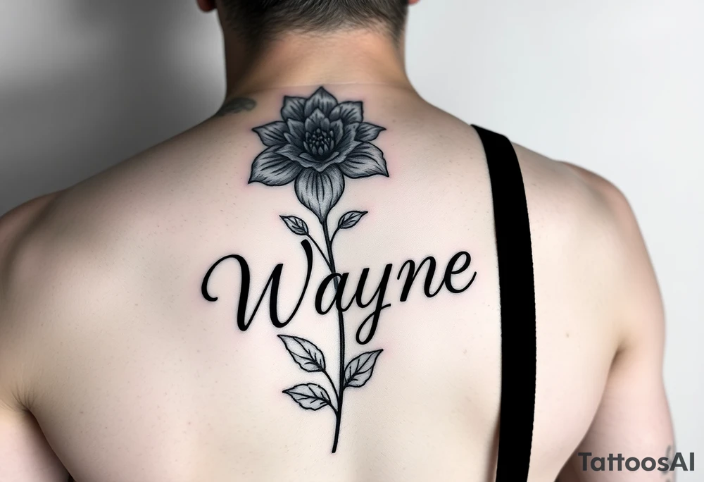 flower with a stem turning into the name wayne in cursive on rib cage tattoo idea