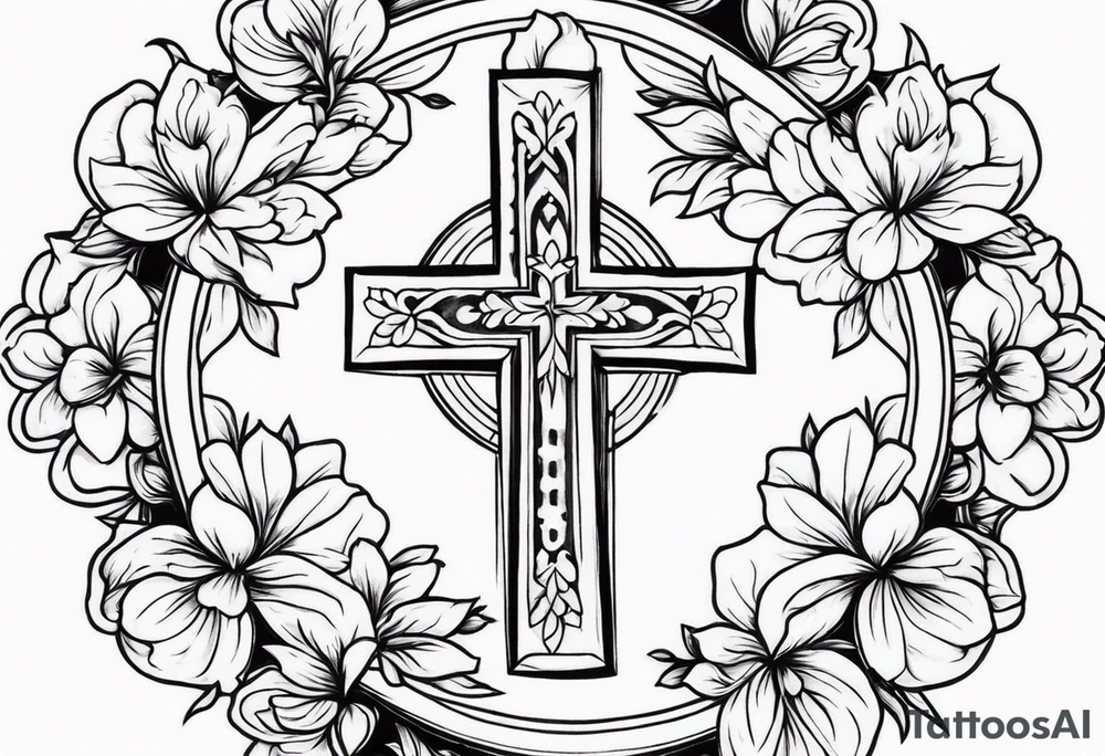 cross surrounded with flowers tattoo idea
