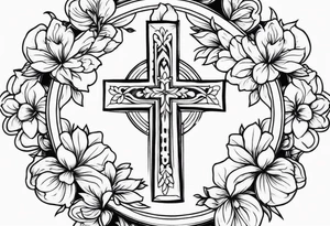 cross surrounded with flowers tattoo idea