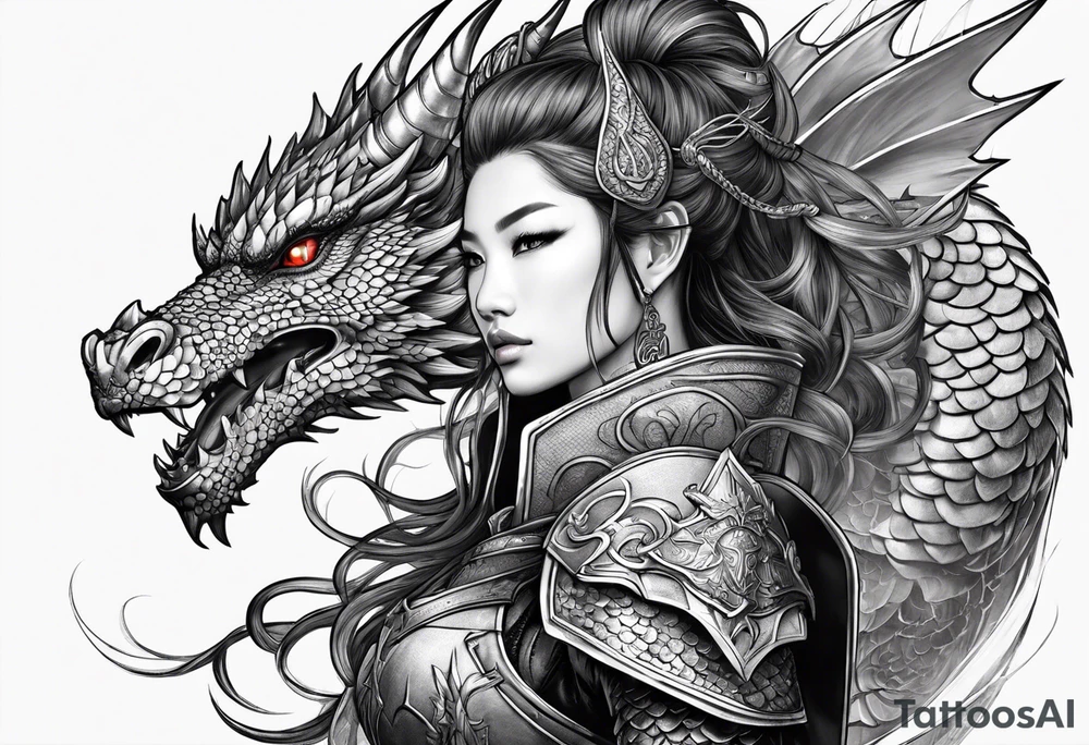 beautiful warrior woman wearing dragon armor and a dragon flying tattoo idea