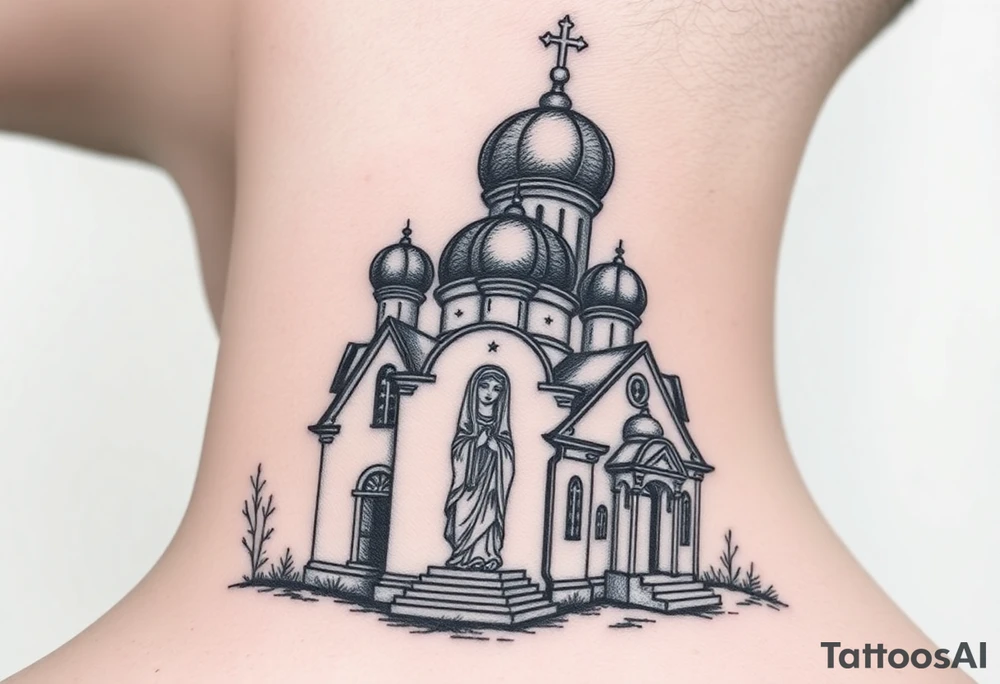 medium sized russian orthodox dome church with a visible virgin mary in a russian lakes country setting tattoo idea