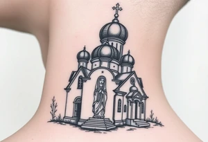 medium sized russian orthodox dome church with a visible virgin mary in a russian lakes country setting tattoo idea