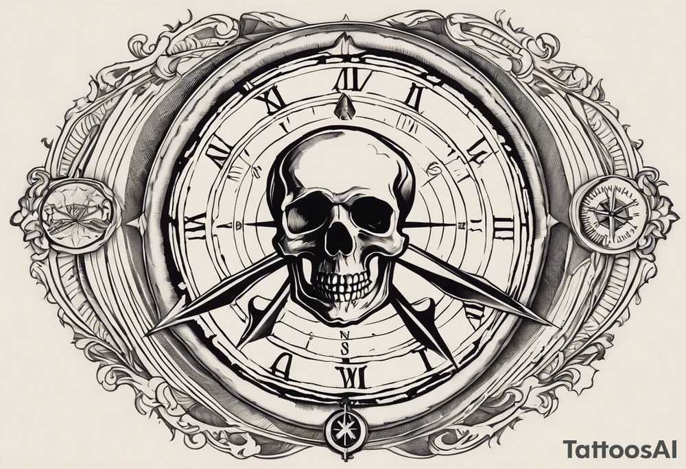 I want it to be a half-sleeve to go from shoulder to elbow. The centerpiece would be the "Memento Mori" phrase in bold traditional lettering, with a skull and hourglass design representing death and the passage of time. Surrounding the Memento Mori design, incorporate a traditional nautical compass to symbolize guidance, adventure and your life's journey. Add nautical ropes, an anchor, and ocean waves to reinforce the seafaring theme. On the shoulder area, include traditional tattoo imagery of a guitar intertwined with roses to represent your love of rock music. The roses could have a skull design in the center to tie into the Memento Mori theme. On the elbow area, feature classic hot rod flames licking up the forearm in the traditional bold style. You could include piston designs or other car elements within the flames. tattoo idea