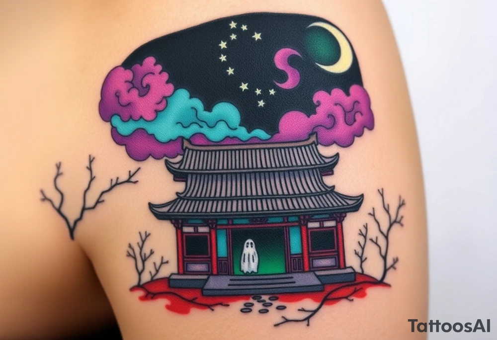 Tim Burton’s haunted pastel Tokyo shrine is abandoned except for one lone samurai ghost and dripping with muted reds, dusty pinks, and eerie green glow.purple and cyan smokey clouds swirl in the crescent moonlit sky thats sprinkled with stars tattoo idea tattoo idea