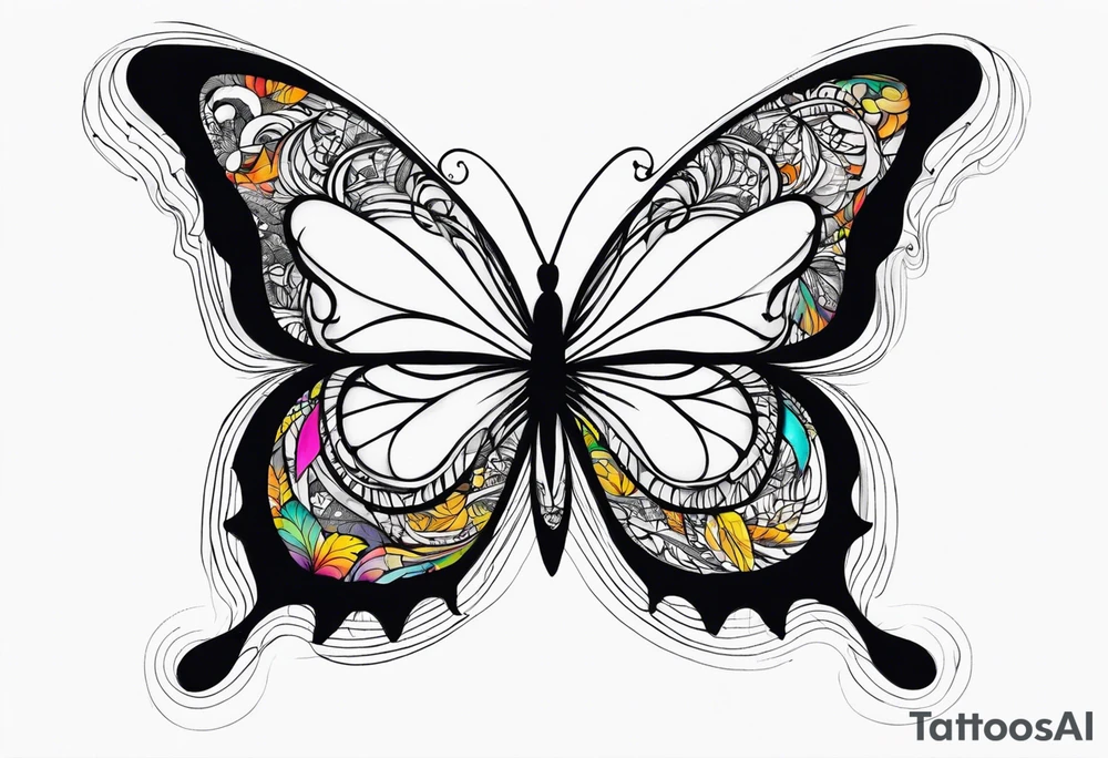 butterfly with one wing black scribbles, the other wing beautiful and colorful, the body has the date 1.9.2023 and the words written "I chose to live." tattoo idea